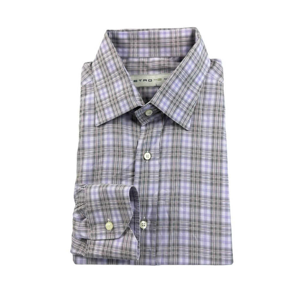 Etro Milano Purple Gray Checked Luxury Cotton Mens Button Front Shirt Size 42